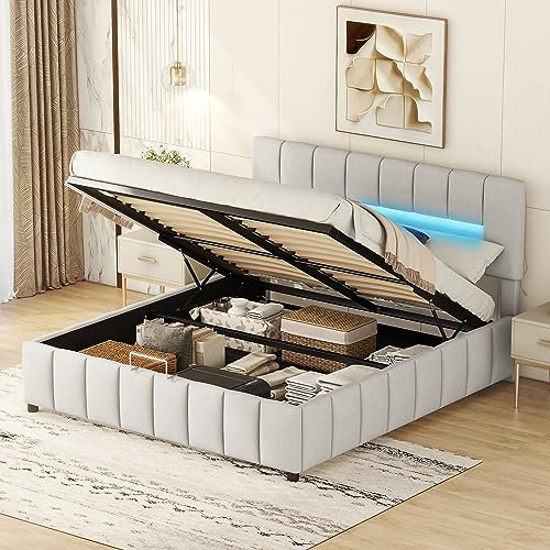 Becag Polsterbett Doppelbett 180x200 cm, Bett mit Stauraum, Bettgestell mit LED-Kopfteil und Lattenrost, Jugendbett Stauraumbett Rückenlehne Bett Familienbett, Samt Grau, Ohne Matratze