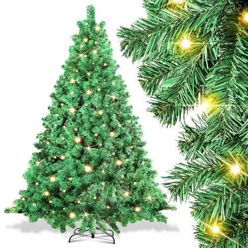 Tubiaz Albero di Natale artificiale 210 cm con illuminazione, albero di Natale artificiale 400 luci LED bianco caldo, albero di Natale in PVC, 1200 punte con supporto in metallo, sistema di montaggio