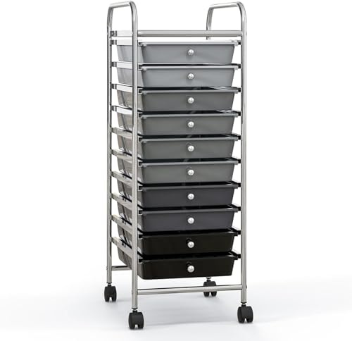 TANGZON 10 Drawer Storage Trolley, Multipurpose Rolling Utility Cart | Lockable Wheels, Metal Frame, Plastic Craft Storage Trolley for Home Office Stationery Beauty Salon Organisation