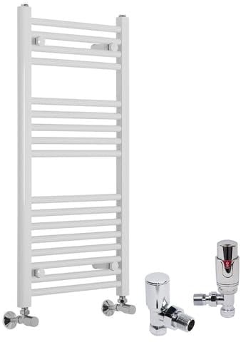 Warmehaus Contemporary Straight Heated Bathroom Towel Rail Radiator Rad 900 x 450mm White - with Angled TRV & Lockshield