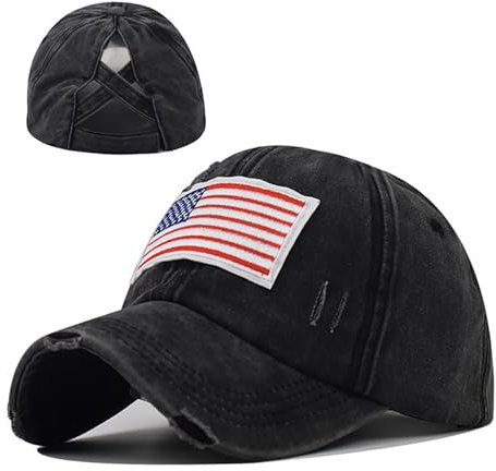 Baseballkappe für Damen, Used-Look, verstellbar, überkreuzt, Pferdeschwanz, Hut, unordentlicher Dutt, Ponycap, Trucker-Mütze, Amerikanische Flagge, Schwarz, Einheitsgr��e