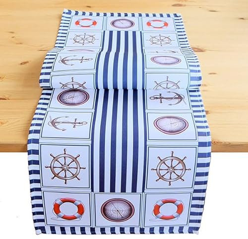 KAMACA Tischläufer Frühling Sommer Maritim Dekor Leuchtturm Anker Windrose Waschbar Küche Esstisch Tisch Dekoration (40x140cm Maritim blau Weiss)