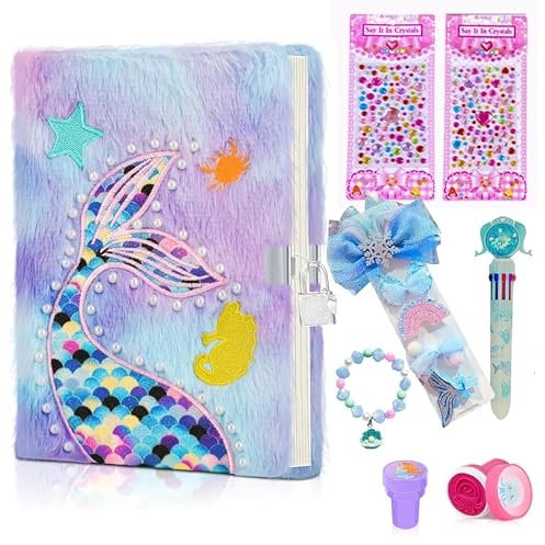 WIKKI Mermaid Secret Diary for Girls with Lock Kids Diary Kids Journal Lockable Notebook for Girls Fluffy Girls Secret Diary Set Gifts for 4 5 6 7 + Year Old Girls Diary with Lock Diary for Kids