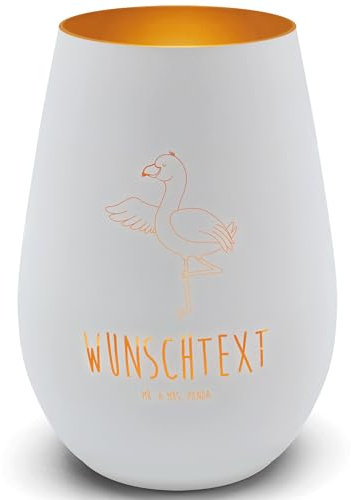 Mr. & Mrs. Panda Gold Windlicht Personalisiert Flamingo Yoga - Personalisierte Geschenke, Personalisiertes Teelicht, Windlicht aus Glas mit Namen,