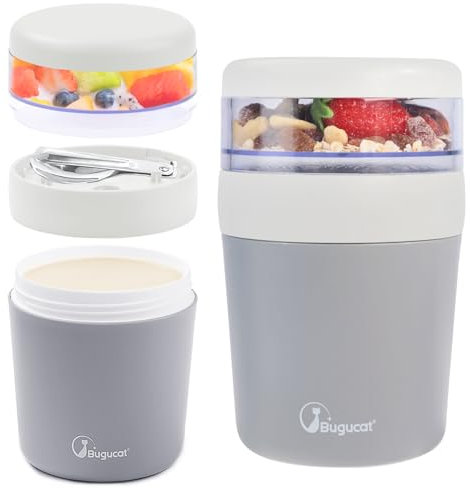 Bugucat Taza de Yogur 500ml+150ml, Vaso de Cereales Portátil con Tapa y Cuchara, Reutilizable, Ideal para Yogur, Frutas y Ensaladas, Azul (Gris)
