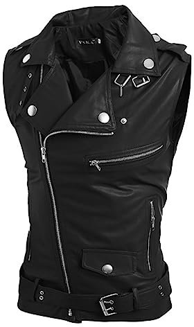 Rrongwn Herren Punk Rock Nieten Lederjacke Club Motorrad Fahrrad Slim Fit Bedruckte Lederweste Ärmellose Klassisch Clubweste Mit Reißverschluss Und Kragen