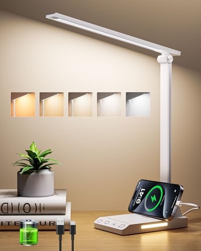 TOPPLEE LED Desk Lamp Rechargeable, Aluminium Dimmable Lamp with Night Light & USB Charging Port, 5 Color Temperature Eye-Caring Reading Lamp with Timer for Bedroom, Office, Dormitory (White)