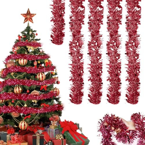 Chingcoo 20m Weihnachten Girlande 10 Stück Lametta Weihnachtsbaum Girlande Rote Lametta Glänzend Weihnachtsbaum Girlande Weihnachtsbaum Deko Rote