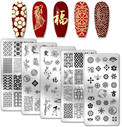 PH PandaHall 5pcs Traditional Chinese Style Nail Stamping Plates, Lucky Words Flower Nail Stamper Texture Nail Art Stencils Stainless Steel Nail Plates for Nail Art New Year Design Manicure Salon