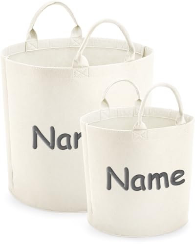 Schnoschi Filz Aufbewahrungskorb mit Namen oder Text bestickt, Wäschekorb mit Wunschnamen, Spielzeugkorb individualisiert (creme, 40 x 40 cm - 50 Liter)