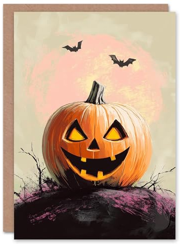 Artery8 Greeting Card Carved Pumpkin Jack o Lantern Bats Fun Blank For All Halloween Card