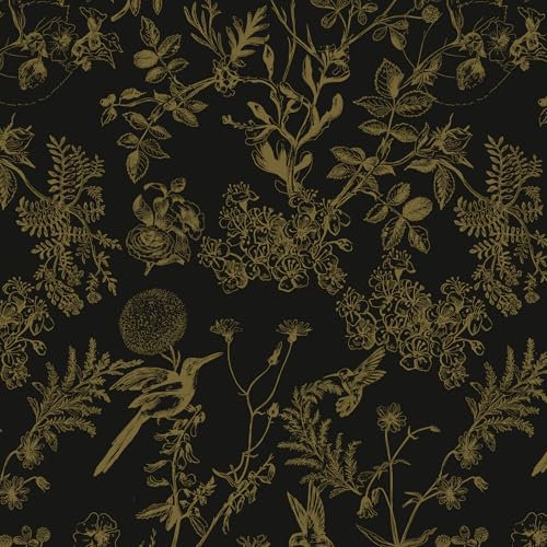 Yomshi Papier peint autocollant noir et doré 44 × 600 cm, papier peint vintage à décoller et à coller Motif oiseau
