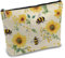CREATCABIN Make Up Tasche Mit Bienen Blumenmotiv Canvas Kosmetiktasche Mehrzweck Stifteetui Reißverschlusstaschen Kulturbeutel Reisetasche Geldbörse Tragbare Make Up Aufbewahrungstasche 25x18cm
