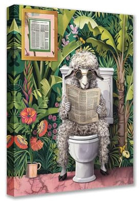 Funny Sheep on Toilet Canvas Wall Art Animal Read Newspaper Picture 1P Tropical Plant Posters Prints Cute Modern Artwork for Living Room Bedroom Home Decor Framed Gallery-Wrapped Ready to Hang