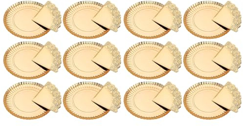 AC - Pack de 12 bandejas Redondas con blonda - Cartón y Papel - Especial para Fiestas, presentación de postres - Material reciclable - Ø 23 cm - Color Oro