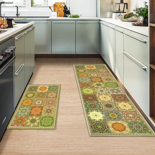 MIQEBX Kitchen Rug 2 Piece Set,Non-Slip Absorbent and Washable Runner Rug,Geometric Kitchen Floor Mat for Kitchen, Home, Office, Sink, Laundry (E, 40x120cm+40x60cm)