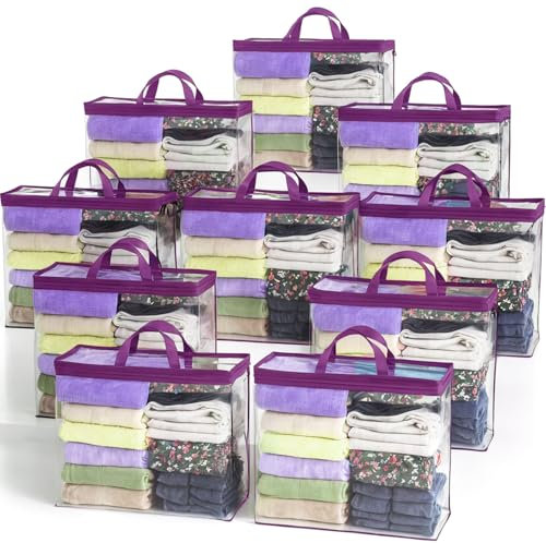 Clear Zippered Storage Bag Foldable Storage Bag, 22L Clear Storage Bags for Clothes, and Blanket Storage Bags for Bedding, CDs, Blankets, Comforters, Clothing & Toys (Purple, 10-pack)