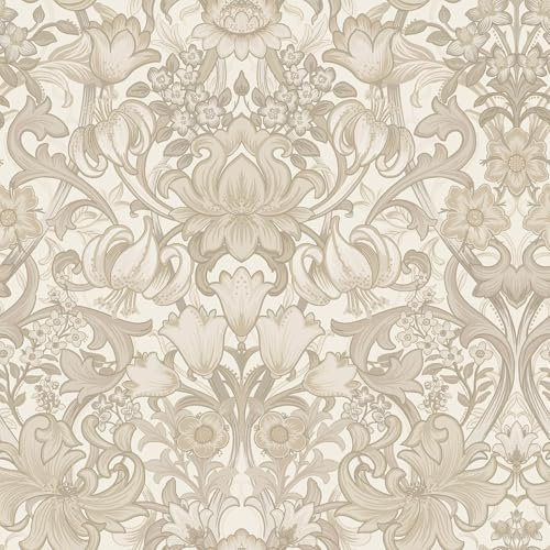 Ornamental Floral Damask Vintage Leaves and Curling Vines Themed Wallpaper Perfect for Dining Rooms, Lounges, Bedrooms in Neutral/Cream/Soft Latte Holden 13881