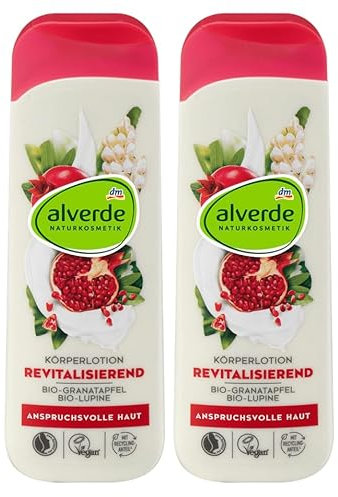 alverde NATURKOSMETIK 2er-Set Hautpflege: Körperlotion REVITALISIEREND Bodylotion mit Bio-Granatapfel, Bio-Lupine, Bio-Jojoba- & Bio-Mandel-Öl für ein seidig-zartes Hautgefühl, 2 x 250 ml (500 ml)