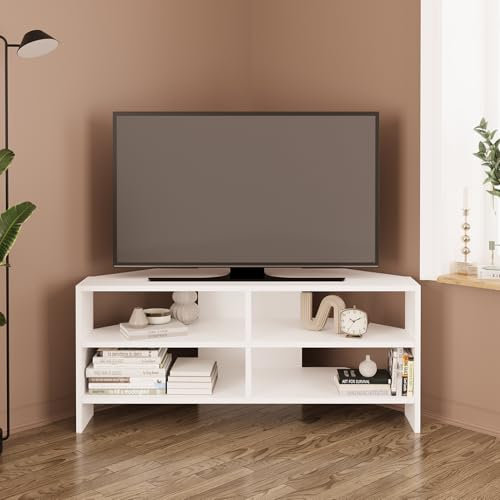 Bimossa Roy Corner TV Stand – Space-Saving TV Unit for 43–48'' TVs, Compact Media Console with Open Shelves & Cabinet, Ready to Assemble, (White)