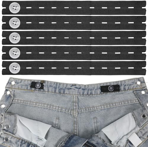 Xinjoduz 10 pezzi pantaloni stringenti vita jeans taglia regolabile pantaloni pulsante regolatore vita per jeans sciolti estensori elastici regolabili cintura con 20 bottoni aghi e cintura filo, Nero