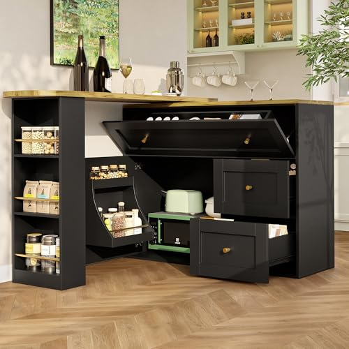 Oxtao Bartisch Ausziehbar Barmöbel Theken mit Stauraum, Beweglicher Teleskopischer Bistrotisch Sideboard mit Snackregal, Stehtisch Hochtisch Kücheninsel Bistro Esstisch, 138-204x39x105cm (Schwarz)