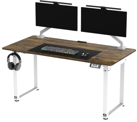 Ultradesk - Bureau Gaming, Bureau Assis Debout, Reglable en Hauteur Electrique, avec Accessoires - Informatique - Jusqu’à 3 écrans, Tapis de Souris, Panneau de Contrôle - 160x75 cm, Blanc/Marron