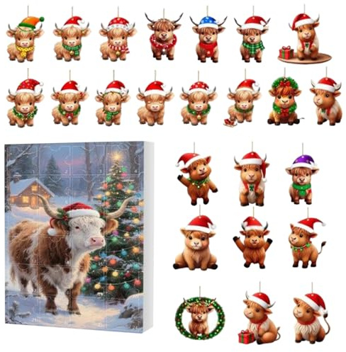 Kuh Weihnachts Adventskalender 2025,Countdown Kalender Mit 24 Tagen Und 2D Acryl Dekoration,Niedliche Schottische Hochlandkuh Dekoration - Für Ferienhaus Familienbaum Fenster Wand Tür Auto