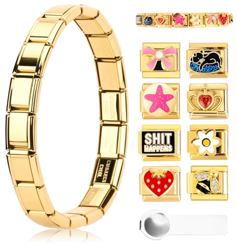 Ouxayapl Bracelet à breloques italiens en or, ensemble de bracelets italiens, modules amovibles pour bracelets de 9 mm, bracelets à breloques italiens en or avec outil d'ouverture pour filles et