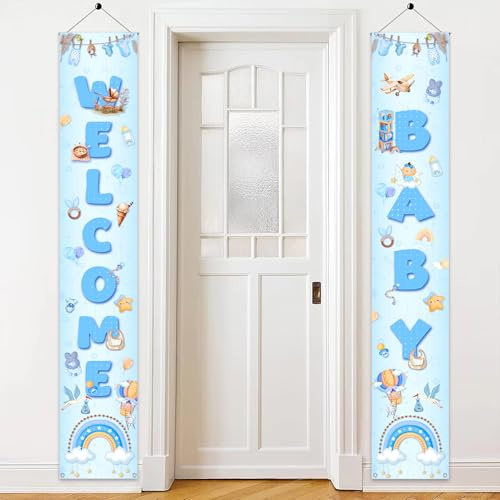Tasoraor Welcome Baby Banner Blau - 2 Stück Babyparty Dekoration Türbanners (180 X 30cm), Stoff Hanging Door Banner Deko für Boy Baby Shower Gender Reveal Inside Outside