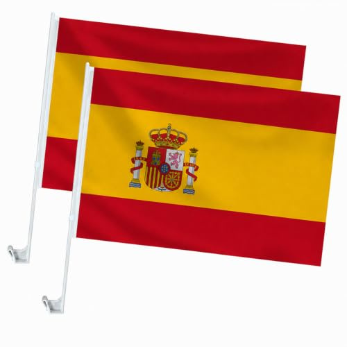HOMAVEL 2 Stück Spanien Autofahnen 45x30cm - Autoflagge mit 43cm Fahnenmast - Wetterfeste Fensterfahne für Weltmeisterschaft EM Fußball Fanartikel Auto Dekoration