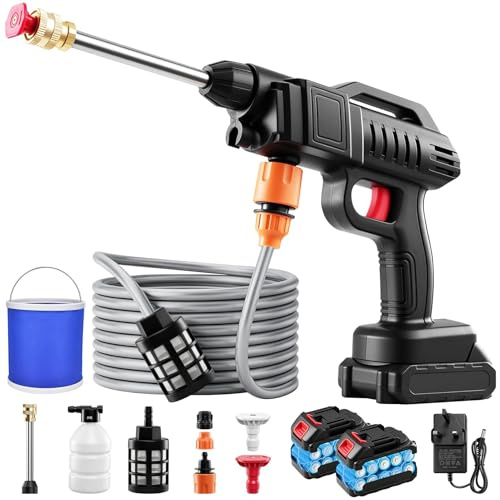 uifame Lavadora a presión inalámbrica, 21 V, 1500 W, 870 PSI máximo, Lavadora a presión alimentada por batería 2 x 2.0 Ah 60 Bar, Lavadora de Chorro portátil con Cubo