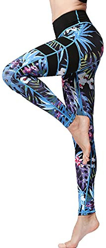 FLYILY Frauen Yoga Pants Gedruckt hohe Taillen-Power Flex Capris Workout Gamaschen für Fitness Laufen(BlackLeaf,M)