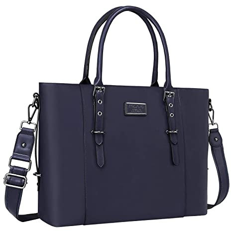 MOSISO Laptop Tote Bag (15-16 inch), PU Leather Shoulder Briefcase Handbag Compatible with MacBook & Notebook Large Capacity with Padded Compartment, Navy Blue