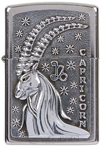 Zippo Sturmfeuerzeug - Zodiac Capricorn, Street Chrome, Emblem - Nachfüllbar - Wiederverwendbar - Windfestes Design - Geschenkbox - Made in USA