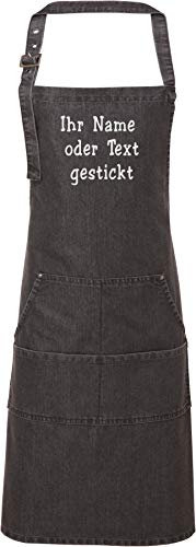 Demim Schürze bestickt mit Name oder Text. 1- oder 2-zeilig individuell personalisiert, Grillschürze, Kochschürze (Schwarz)