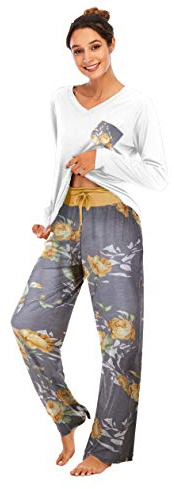 Famulily Pigiama comodo da donna, set pigiama da donna con stampa floreale, a maniche lunghe, abbigliamento da casa e pantaloni a gamba larga, set morbido da notte, Giallo, XXL