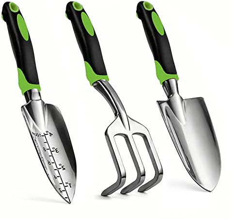 Gardening Hand Tool Set 3 Pack - MDSXO Heavy Duty Gardening Kit with Non-Slip Soft Ergonomic Handle, Great Garden Gift for Women Men[Stainless Steel]