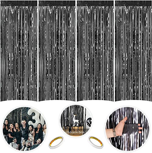 AFEIGE 4 Stücke Lametta Vorhänge,1 x 2 m, Lametta Schwarz,Folie Shimmer Tinsel Vorhänge für Hochzeit Verlobung,Bühnendekor Geburtstag,Baby Party Deko