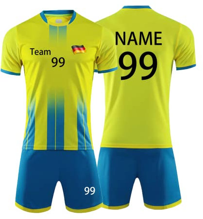 Personifizieren Fussball Trikot Kinder Erwachsene Hemd & Kurze Set mit Nummer Name Team Logo Fußball Trikot (Gelb)
