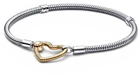 PANDORA Moments Herzverschluss Schlangen-Gliederarmband aus Sterling-Silber und 14 Karat vergoldeter Metalllegierung - kompatibel Moments Armbänder - Größe: 23cm