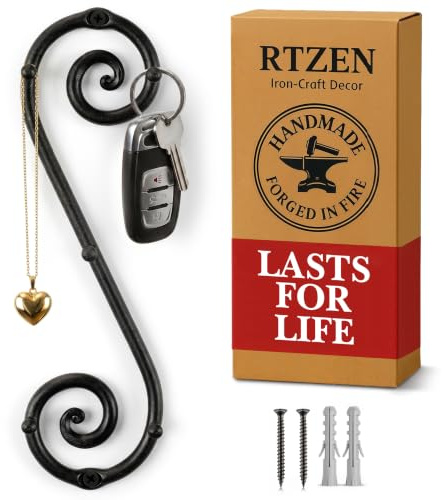 RTZEN Farmhouse Small Key Holder for Wall - Handcrafted Swirl Decorative 5 Key Hooks for Home Entryway - Wrought Iron Wall Mount Rack Purse Coat and Leash Holder or Organizer (Vertical Black)