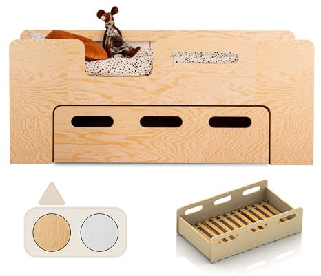 smartwood Kinderbett PIPI L 90x190 - Linker Eingang - mit Lattenrost & Ausziehbett - Holzbett mit Rusfallschutz für Jungen & Mädchen - Naturholz