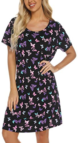 ENJOYNIGHT Nighties for Women Cotton Nightdress Sleep Tee Short Sleeves Print Nightshirt Soft Sleepwear Loungewear (XX-Large,Black Flying)