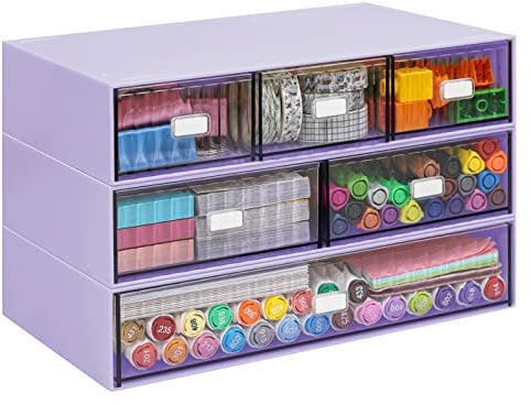 Stackable Desk Organizer with 6 Drawers, VASZOLA 3 Tier Plastic Desk Storage Box Desktop Drawers, Detachable Makeup Storage Office Stationery Supplies Organizer for Desk Office School Home (Purple)