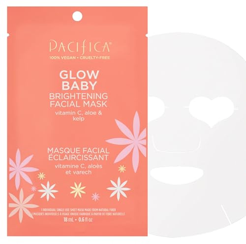 Pacifica Sheet Face Mask - Glow Baby Brightening Facial Mask w/Vitamin C, Aloe & Kelp – Cooling Mask for Dark Spots & Fine Lines - Clean Beauty Vegan & Cruelty-Free Dermatologist Tested