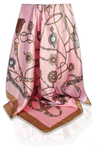 GLORIS Seidenschal Damen 90x90cm Rosa mit beige Rand Elegante Seidentuch Haare Seidentuch Damen Halstuch Damen Elegant Satintuch Halstuch Seide Bandana Tuch Kopftüch Damen Ansatz Scarf…
