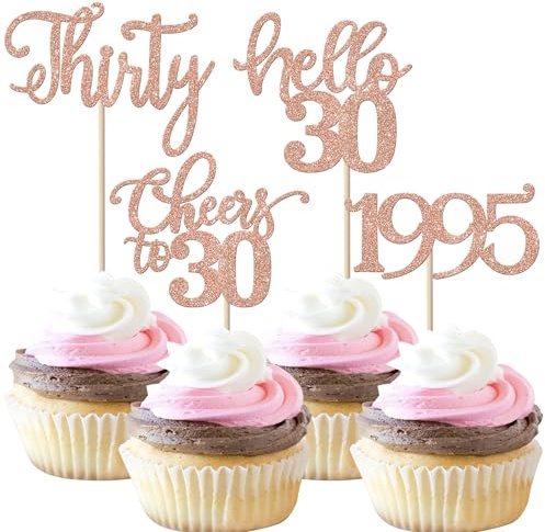 24 Stück 30 Geburtstag Cupcake Toppers Glitter Thirty seit 1995 Prost auf 30 Cupcake Picks Hallo 30 Jahre Geburtstagskuchen Dekorationen für glückliche 30 Geburtstag Jubiläum Party Roségold