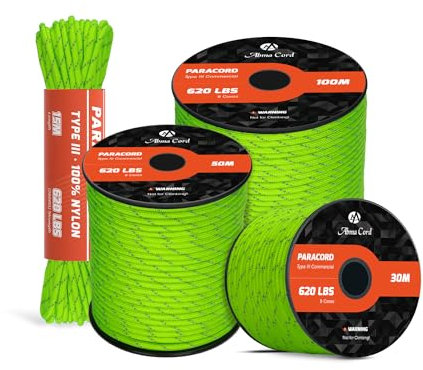 Abma Cord Paracord 620lbs 4mm 15M 100% Nylon Seil Typ 3 Schnur mit 9 Kern für Basteln, Camping, Survival, Outdoor - Max. 280kg - Reflektierende Neon Grün