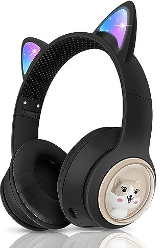Kopfhörer Kinder Kabellos Kluetooth, Katze Ohr Kopfhörer mit LED-Leuchten für Jungen/Mädchen/Kleinkinder ab 3, 5, 7 Jahre, Kind Kopfhörer On Ear mit Mikrofon und Kabel für iPad/Schule/Fire Tablet